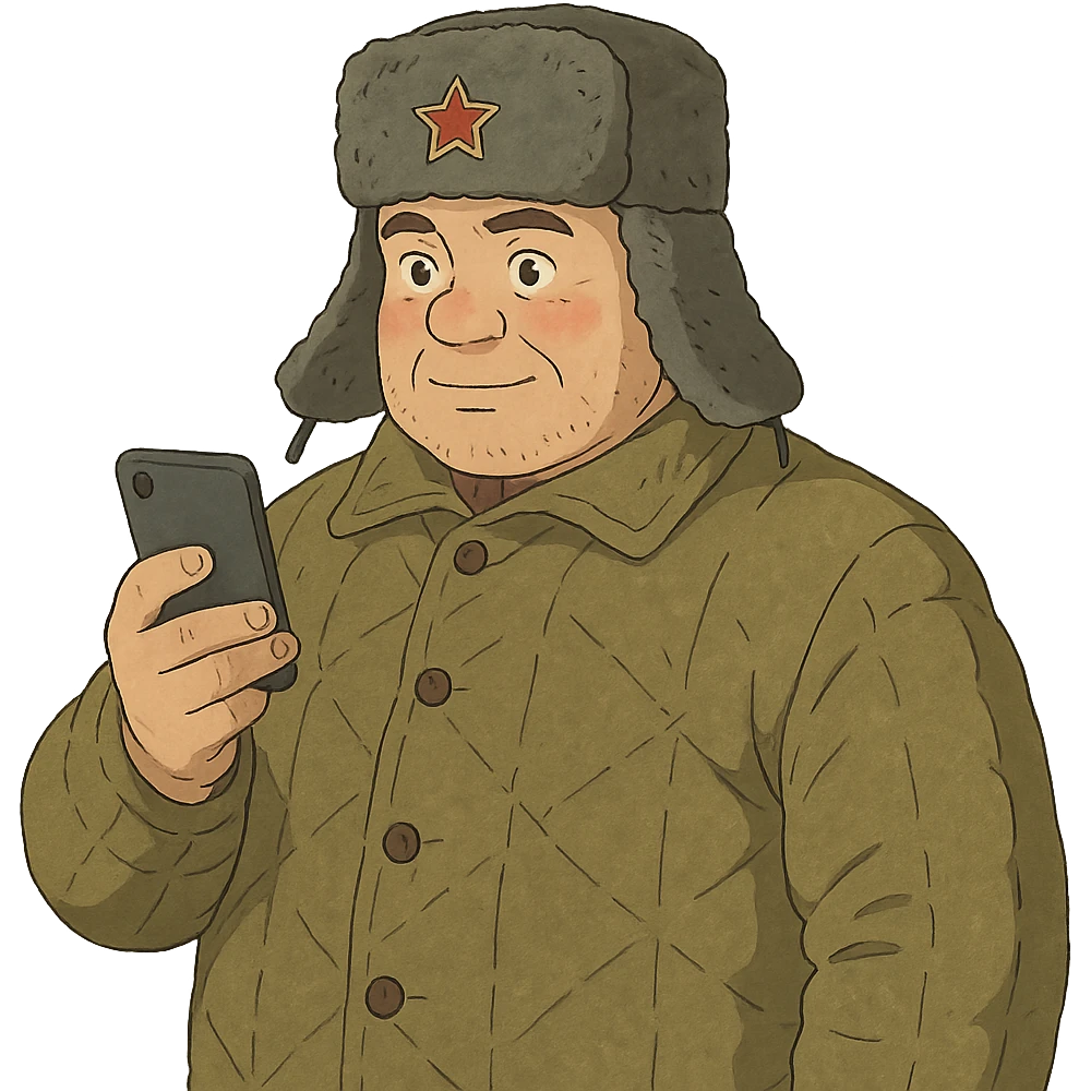 ghibli style illustration of a Russian military blogger in ushanka and vatnik, holding a phone emoji