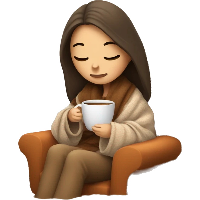 Brunette white girl covered in blanket autumn vibe sitting on a cozy chair holding coffee eyes closed emoji