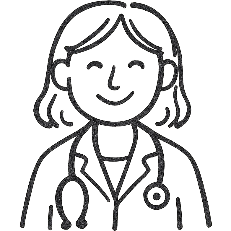 female doctor, hand-drawn doodle style, white coat, stethoscope, cheerful emoji
