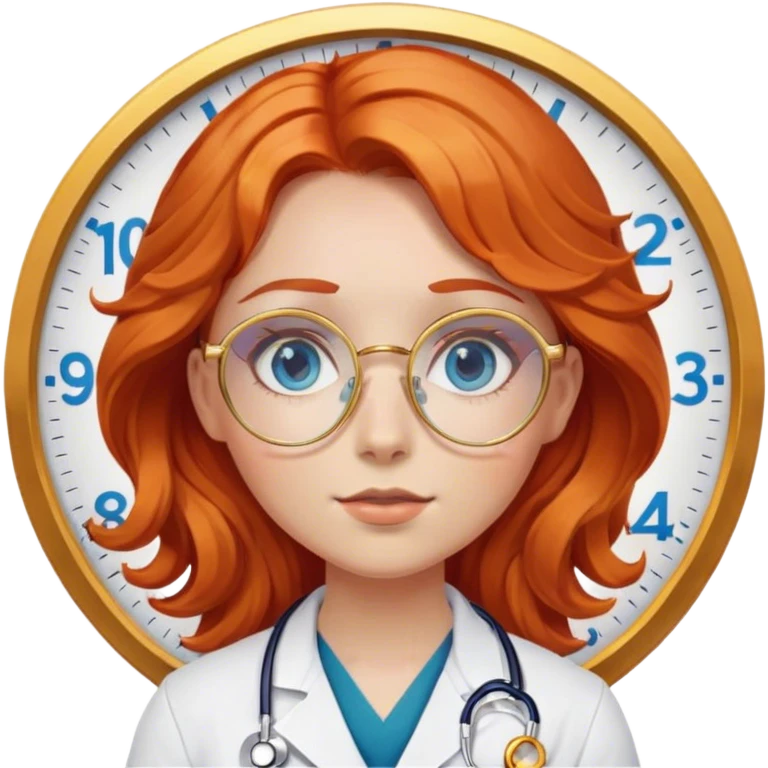Girl doctor wavy orange red hair blue eyes in gold glasses , a clock nearby emoji