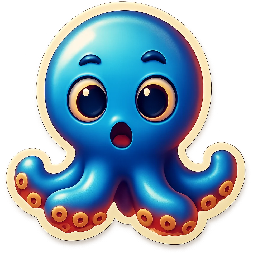 Change the octopus emoji's face to a surprised expression, keep the style and pose the same, transparent background. emoji