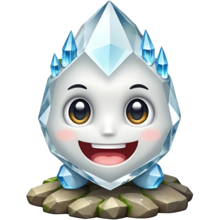 A single cute crystal rock character inspired by a clear quartz cluster, chunky round base with many tall transparent crystal spikes growing upward all around it, faceted and slightly imperfect, on the front of the base a big kawaii face with large glossy eyes and a wide happy smile emoji