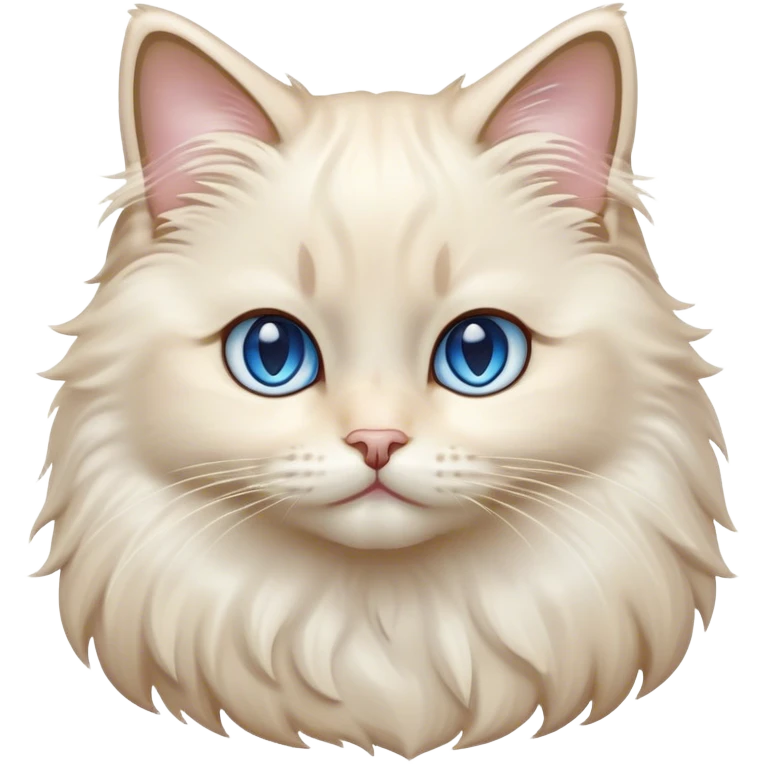 Cinematic Adorable Fluffy Cream Ragdoll Cat Portrait Emoji, Head tilted gracefully with soft, sparkling blue eyes, silky cream-colored fur with subtle darker points on the ears, face, and paws, Simplified yet noble features, highly detailed, glowing with a warm and gentle radiance, high shine, affectionate and poised, stylized with an air of elegance, bright and endearing, soft glowing outline, capturing the essence of a majestic and loving kitty, so dignified it feels like it could spring into action at any moment with grace! emoji