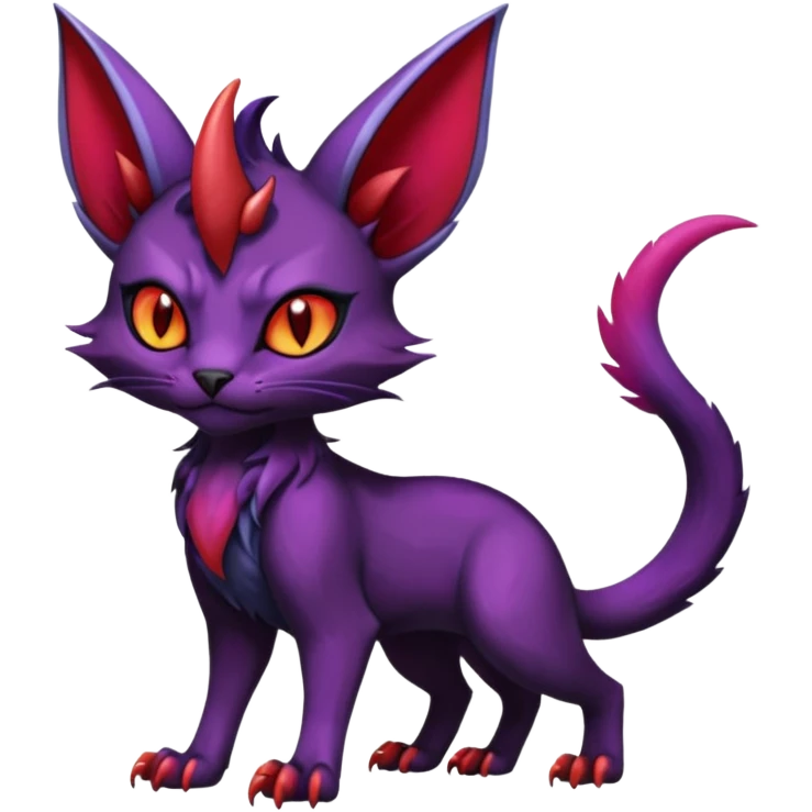 Black horned vampiric edgy demon-Noivern-Noibat-Purloin-Torracat-Lykoi-Caracal-cat-Fakemon-fusion-hybrid-creature with violet and red scale markings emoji