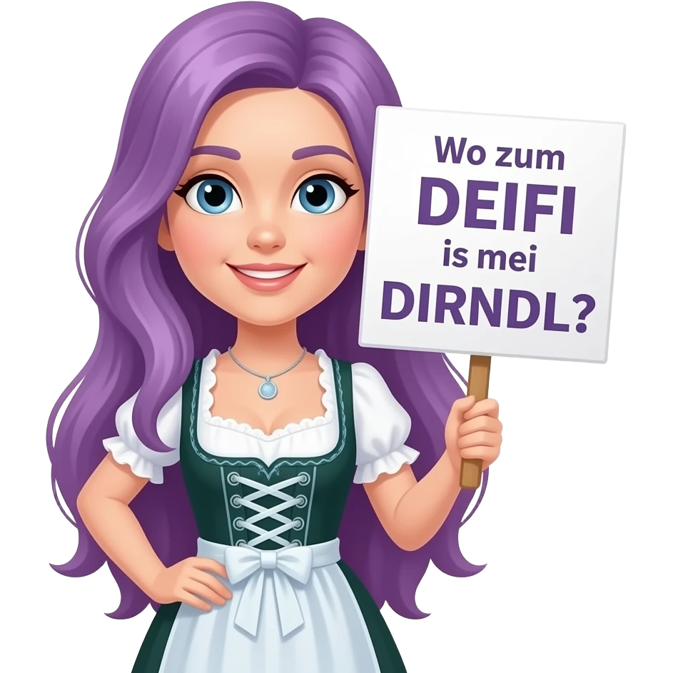 girl with long purple hair wearing a dirndl holding a Wo zum DEIFI is mei DIRNDL? sign emoji