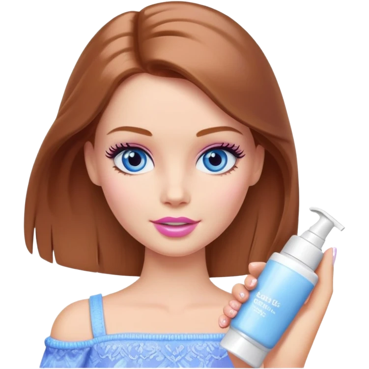 Barbie girl Chestnut Shoulder-length hair and blue eyes is In pale purple applying cream on face emoji