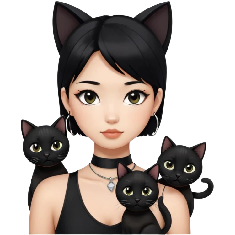 Asian girl, black hair.  Holding two BLACK cats with one cat has a round fat face. Both pure black.  The girl also wearing a black singlet, a black chocker, silver round hook earring, and wearing eyeliner.  emoji
