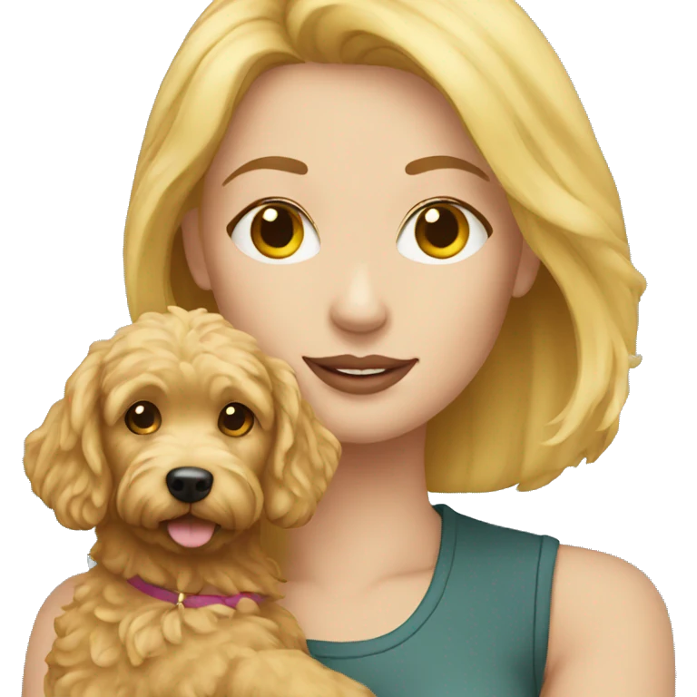 Blonde woman holding a mini golden doodle emoji