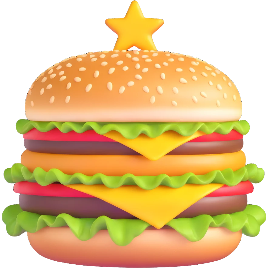 cheeseburger with exaggerated juicy textures, vivid colors, and a shiny bun emoji