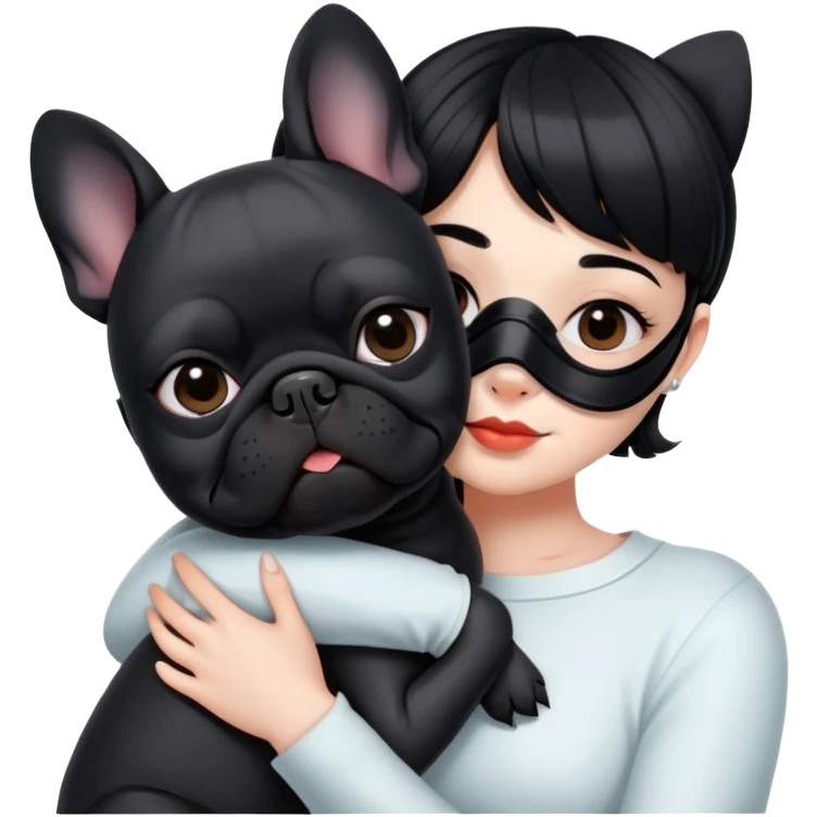 girl with short black straight bangs hair wearing a mask and hugging a black French bulldog emoji