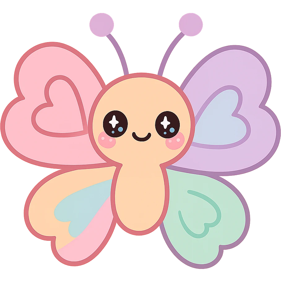 kawaii butterfly with heart-shaped wings, blushing cheeks, pastel rainbow colors, smiling expression, glittery makeup emoji