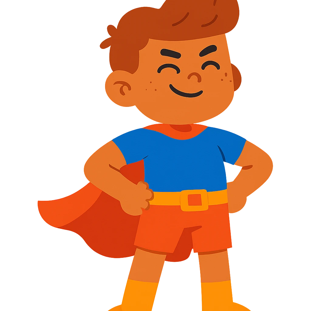 strong kid with superhero cape, confident pose, playful style, vibrant colors emoji