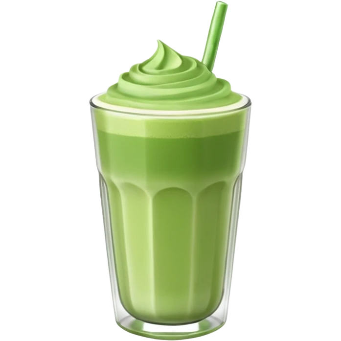 Emoji glossy 3D de un vaso de matcha latte, vaso de vidrio transparente con matcha espumoso verde pastel, capas suaves de leche y matcha, brillo intenso tipo sticker, sombras delicadas, fondo transparente, estilo cute moderno, alta calidad emoji