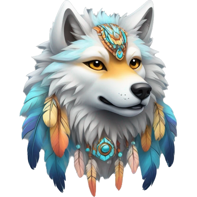 Fluffy Shy Colorful Spiritual Shamanic Wolf With Shiny Tribal Markings wearing feathers Full Body emoji