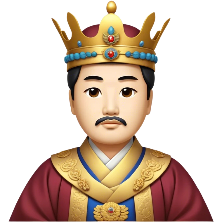 Cinematic Realistic King Sejong Portrait Emoji, depicted as a wise benevolent monarch in traditional Korean royal attire with a thoughtful gaze, rendered with intricate textures and regal soft lighting that captures his historical significance. emoji