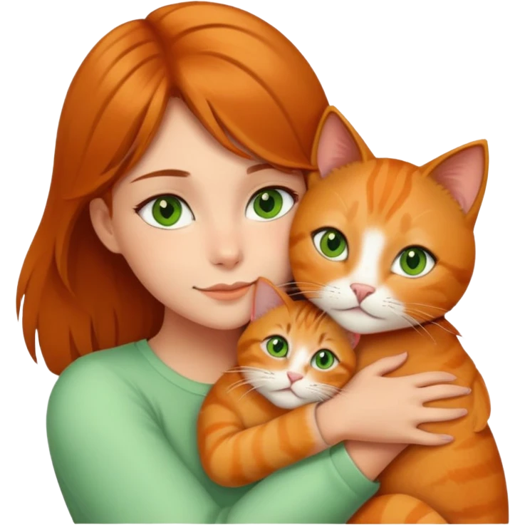 A girl with golden brown hair and brown eyes hugging a orange cat with green eyes emoji