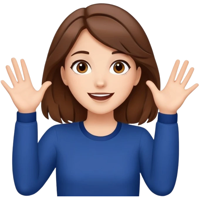 Beautiful Girl with brown hair super excited stars instead of eyes  cartoon style navy blue hands in the air  emoji