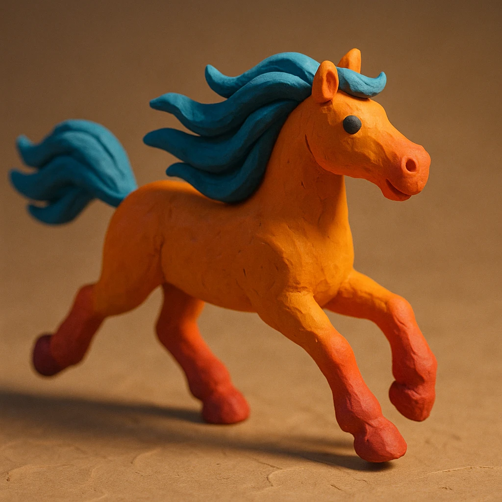 horse running with flowing mane, vibrant colors, soft lighting, claymation style emoji