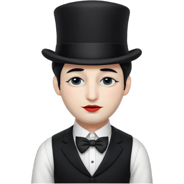 A french man with snow white skin, a black half mask with an eye hole, a black top hat, a black vest with a black tie tucked underneath, and a white collared shirt. Closed eyes. emoji