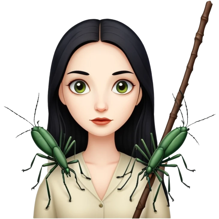 beautiful pale woman with long black hair next to stick bug emoji