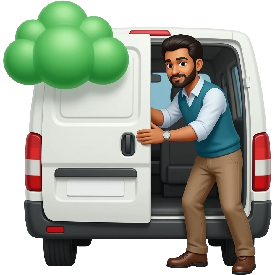 A black indian man opens the back door of a white van and the green cloud comes out of it. emoji