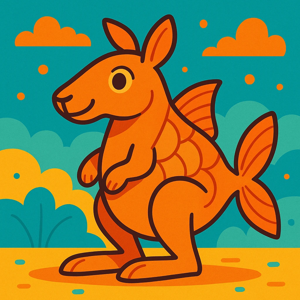 a seamless blend of fish and kangaroo in orange, imaginative, simple background emoji