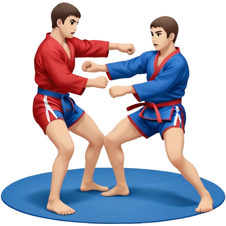 Two Sambo fighters in blue and red kimonos, with shorts and wrestling shoes, performing grappling and throwing techniques. The background shows a wrestling mat and an intense, focused atmosphere. Transparent background highlights the fluidity and skill of the sport without strikes. emoji