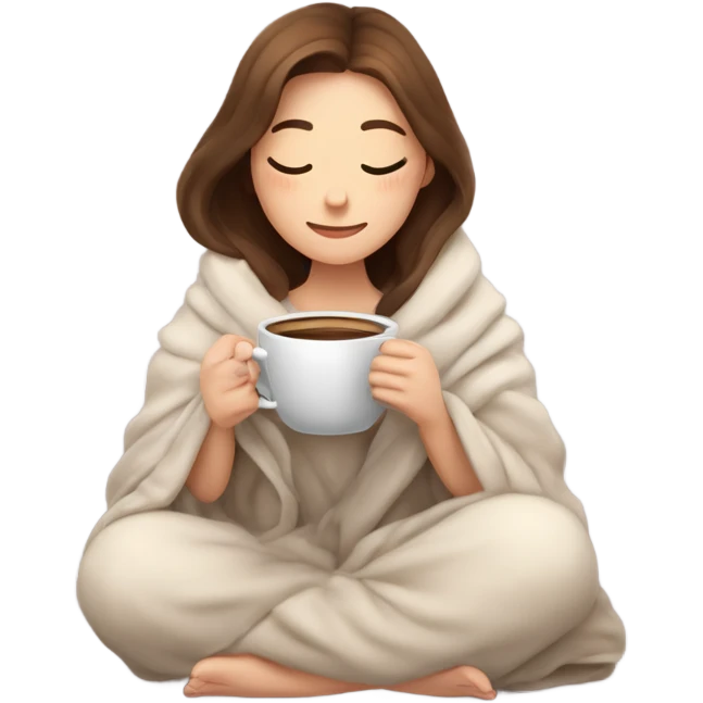 A cozy, heartwarming illustration of a beautiful girl with fair skin and brown hair, sitting comfortably under a soft blanket. She is holding a steaming cup of coffee with both hands, exuding warmth and relaxation. emoji