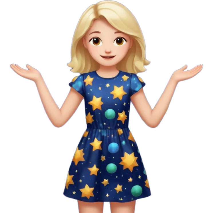 girl in a cosmic print dress, happy, arms at sides emoji