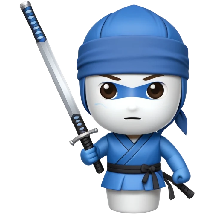 A cartoon to-go coffee cup with a blue ninja headband around the lid and holding a katana sword emoji