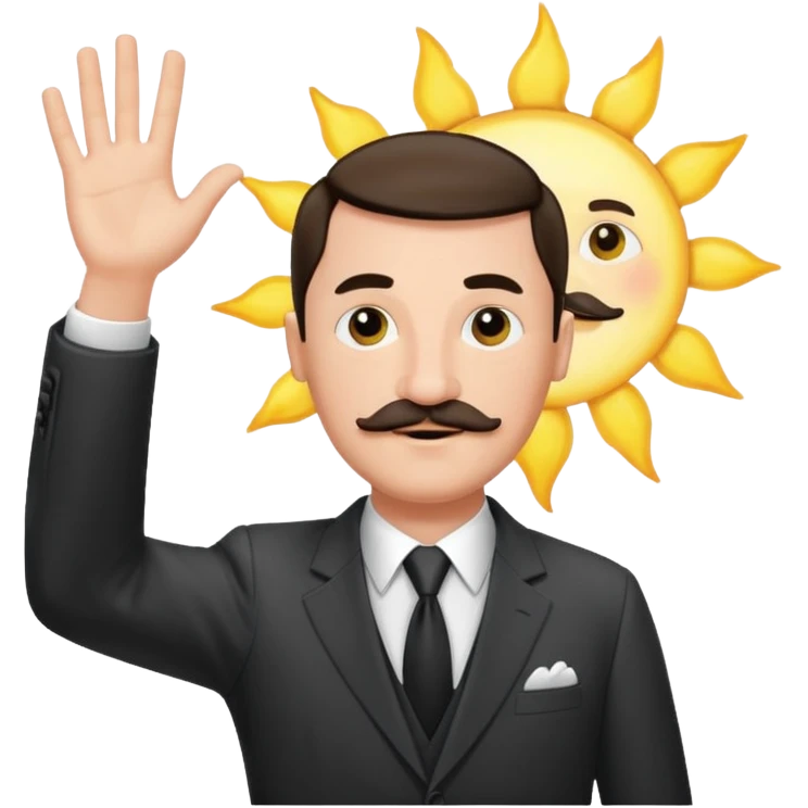 Adolf h , wearing suit and mustache small. Raising his hand to sun emoji