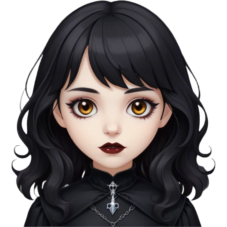 a pale white vampire girl with medium black wavy hair and bangs with brown eyes wearing black gothic clothing emoji