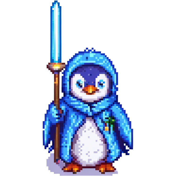 pixel art penguin wizard, blue robe, wand, retro video game style emoji