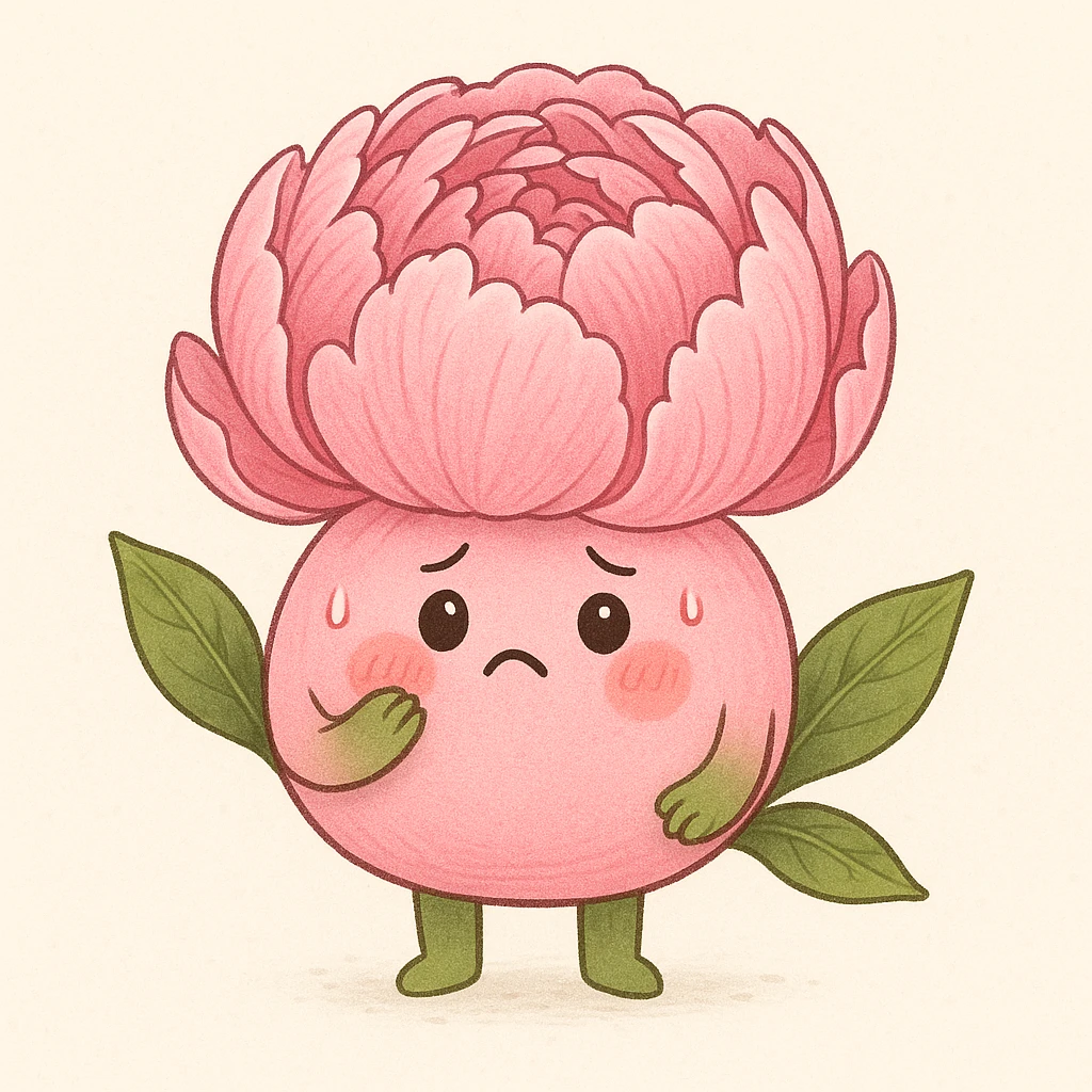 cute anthropomorphic pink peony flower with a round body, arms and legs, blushing cheeks, nervous expression emoji