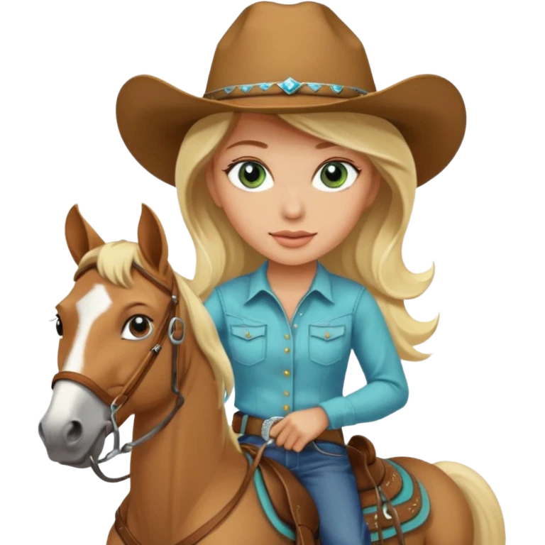 one blonde with light blue green eyes cowgirl on a quarter horse emoji
