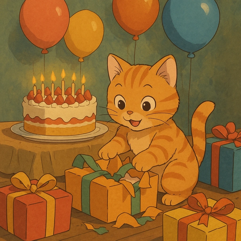 ginger tabby kitten opening presents, birthday party scene with balloons and cake, ghibli style emoji