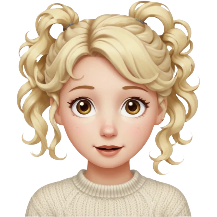 blonde hazel eyes woman with a white cable knit sweater and one curly messy bun with tendrils of hair flowing down her face and she is happy pale, some freckles, blush. she has a cateye wing and long lashes emoji