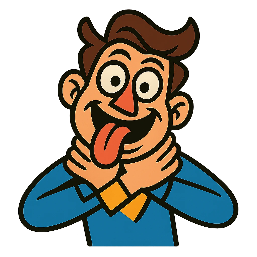 exaggerated slapstick person with crossed eyes, tongue out, hands on neck, comic style, playful and humorous emoji