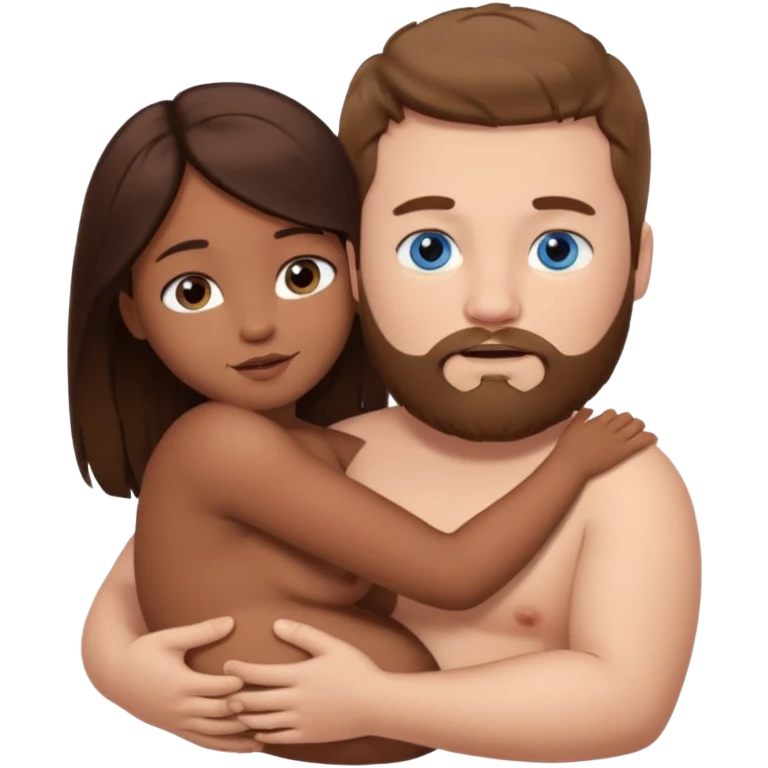 chubby white guy with brown hair and beard and blue eyes, holding a brown girl with long dark hair and brown eyes in arms, naked, showing tits and pussy emoji