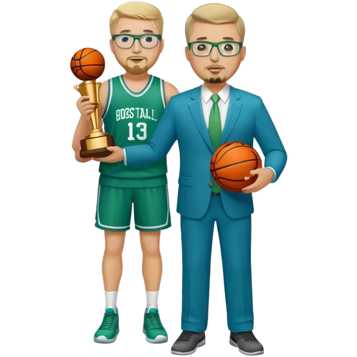 Full Body white male plus size wearing glasses with a goatee with light blonde and gray very short hair basketball head Coach in blue and green suit holding trophy emoji