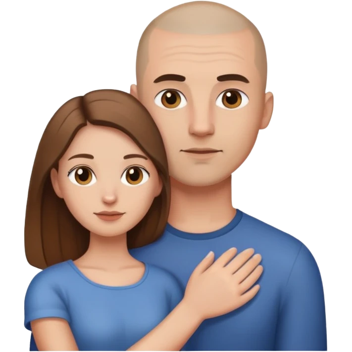 Man with shaved head holding woman with long brown hair emoji