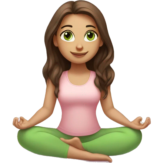 brunette long hair and green eyes yoga girl in light pink clothes sitting on a yoga mat emoji