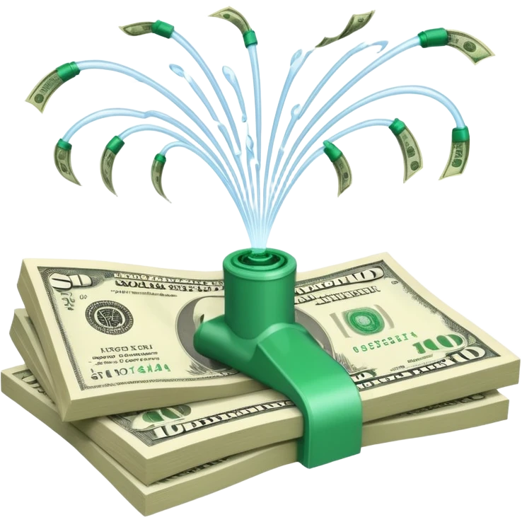 Sprinkler system shooting out streams of dollar bills, instead of water, clearly showing financial benefit emoji