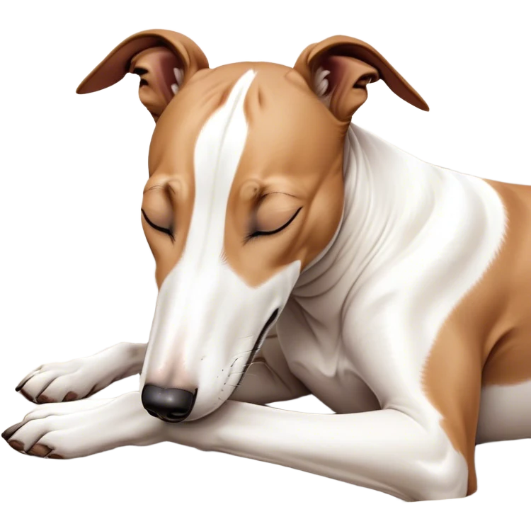 Meme-Worthy Cute Sleeping White and Brown Greyhound Portrait Emoji, Head resting peacefully with a contented smile, showcasing a lean, graceful build and a luxuriously smooth Fur of white with brown accents, eyes shut in a serene nap, Simplified yet hilariously adorable features, highly detailed, glowing with a soft, drowsy light, high shine, relaxed and utterly lovable, stylized with an air of playful laziness, bright and heartwarming, soft glowing outline, capturing the essence of a comically sleepy racer, so meme-worthy it feels like it could instantly become the next viral sensation of adorable slumber! emoji