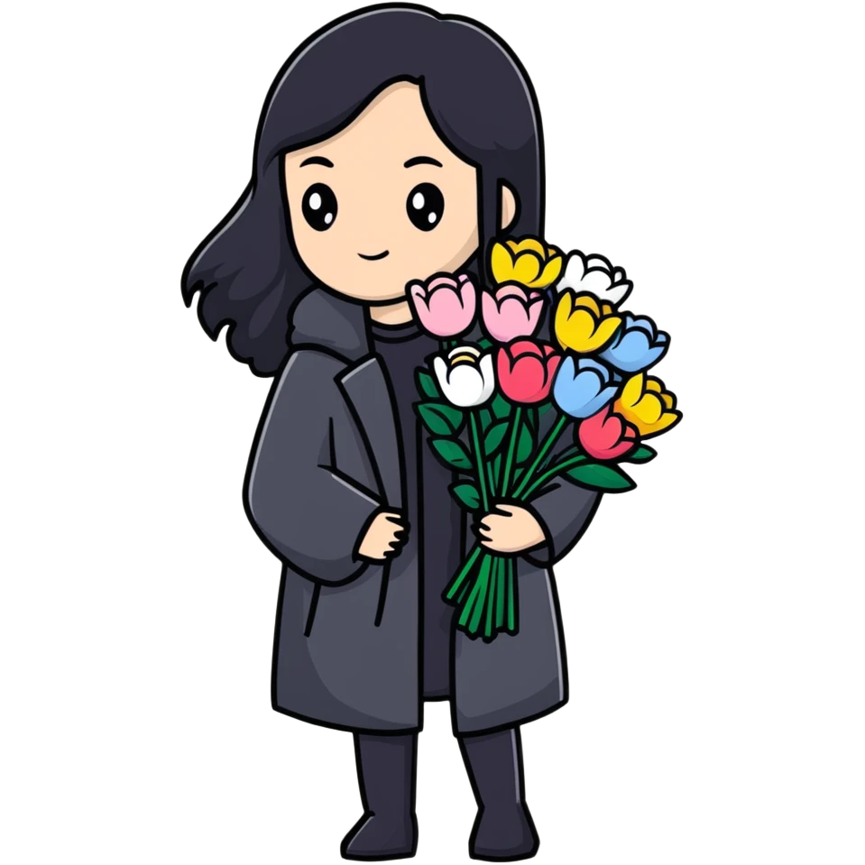 beautiful girl with long black hair wearing a black coat holding a bouquet of flowers emoji