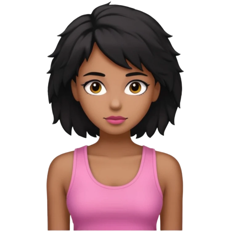 chica morena , corte de cabello negro y un poco despeinado, con una blusa de tirantes simple, rosa y coquette emoji
