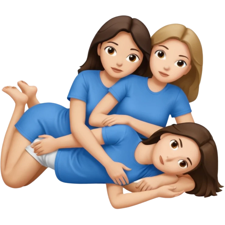 two white brunette women lying down full body on top of each other wrapped around each other one wearing a blue shirt emoji