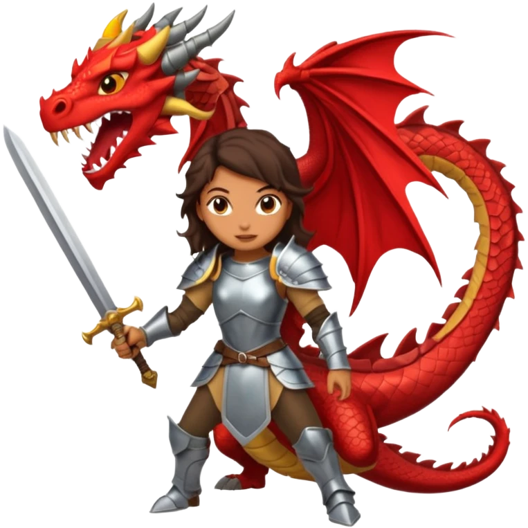 Fierce Latina in armor with a sword after a battle cutting off the head of a dragon emoji
