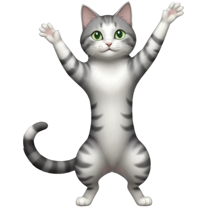grey and white cat with green eyes doing a big extremely long stretch reaching up into the air with arms and legs side by side together emoji