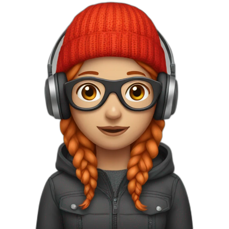 Girl with ginger hair wearing red beanie goggles and headphone emoji